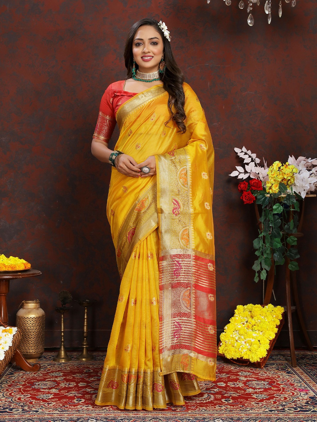 

KALINI Ethnic Motifs Zari Organza Banarasi Saree, Yellow