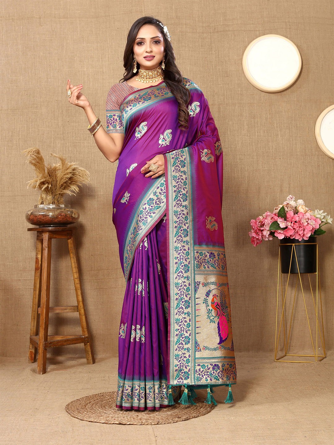 

KALINI Woven Design Zari Pure Silk Paithani Saree, Purple