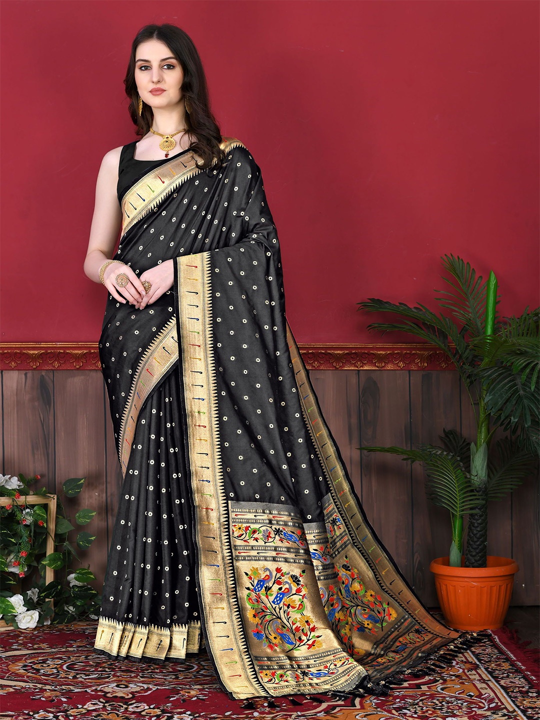 

KALINI Ethnic Motifs Zari Pure Silk Paithani Saree, Black