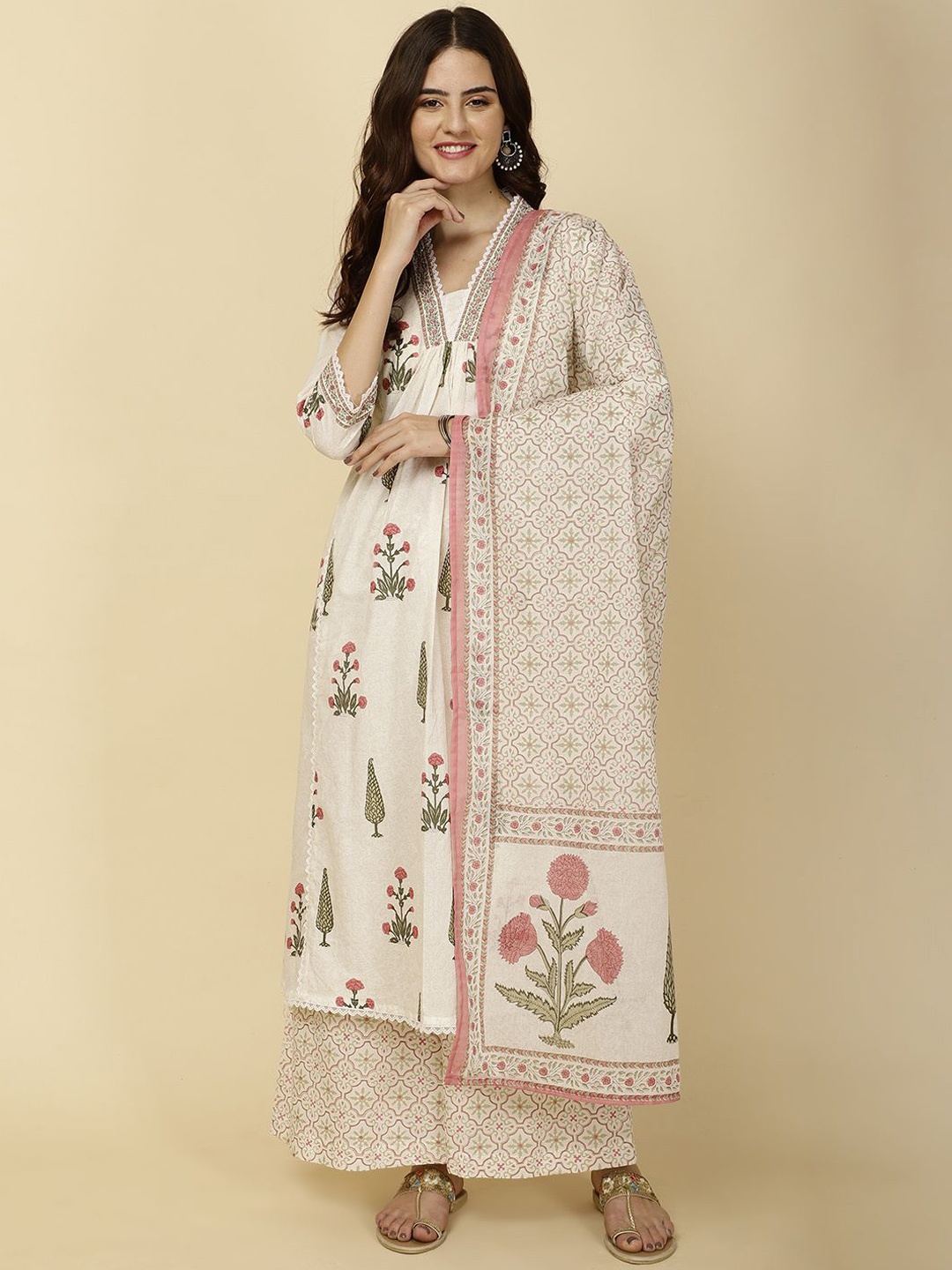 

Meena Bazaar Floral Printed Regular Straight Kurta with Trousers & Dupatta, Cream