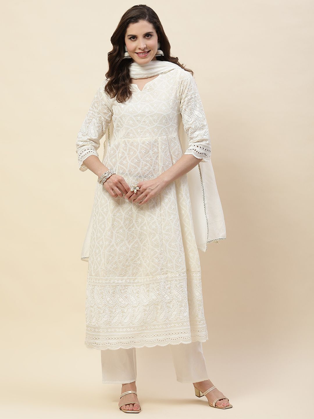 

Meena Bazaar Ethnic Motifs Embroidered Chikankari Kurta with Trousers & With Dupatta, Cream