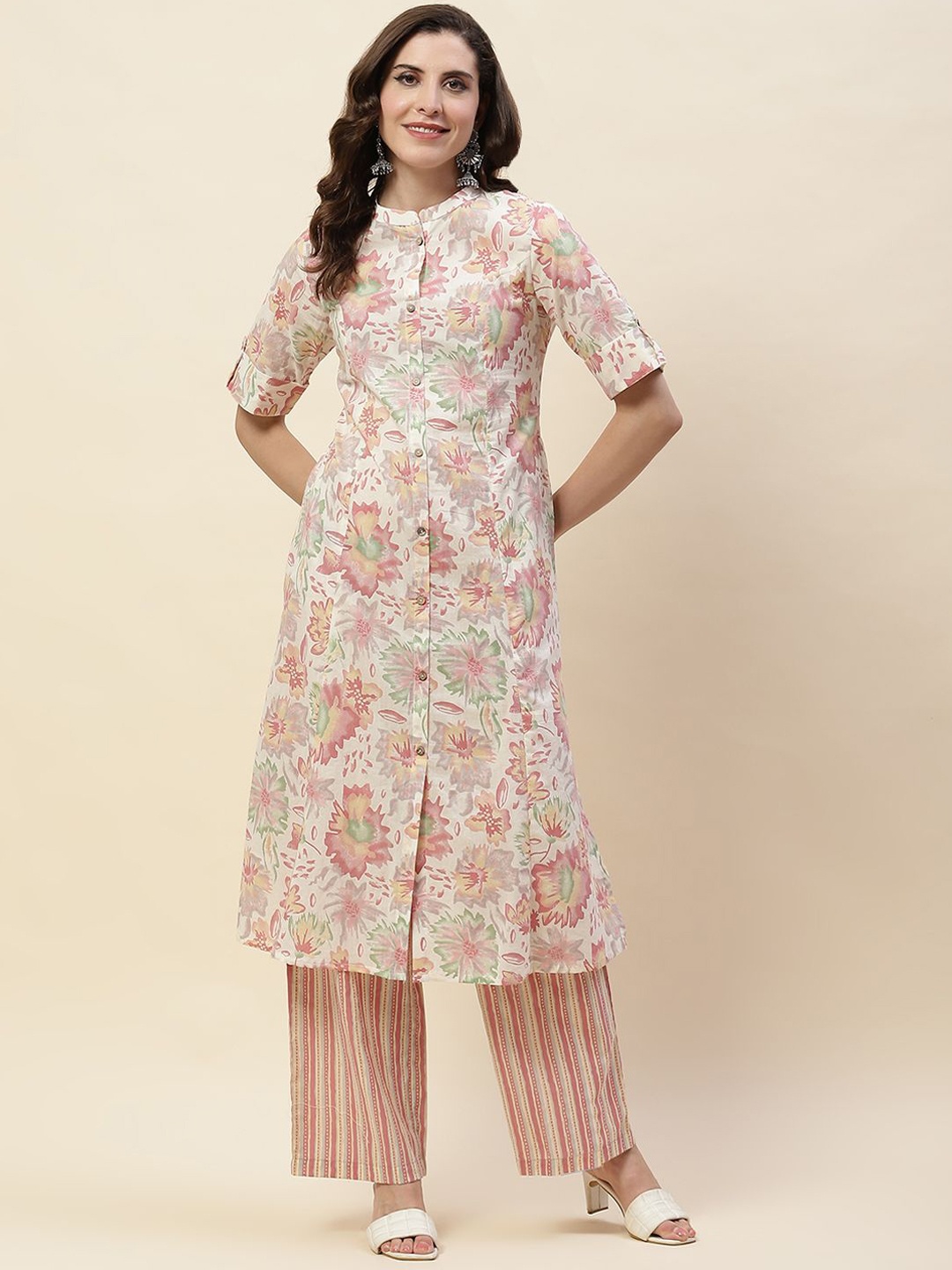 

Meena Bazaar Floral Printed Regular Straight Kurta with Trousers, Beige