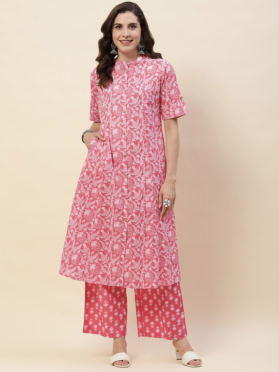 

Meena Bazaar Floral Printed Roll-Up Sleeves A-Line Kurta With Palazzo, Pink