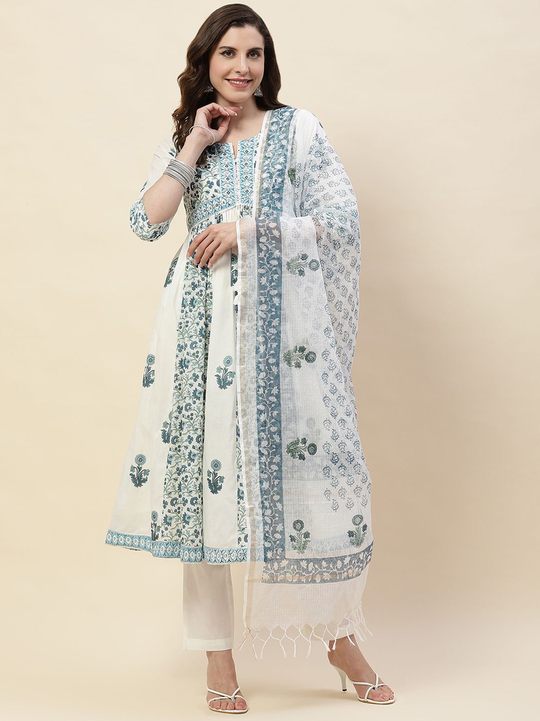 

Meena Bazaar Floral Printed Regular Kurta with Trousers & With Dupatta, Cream
