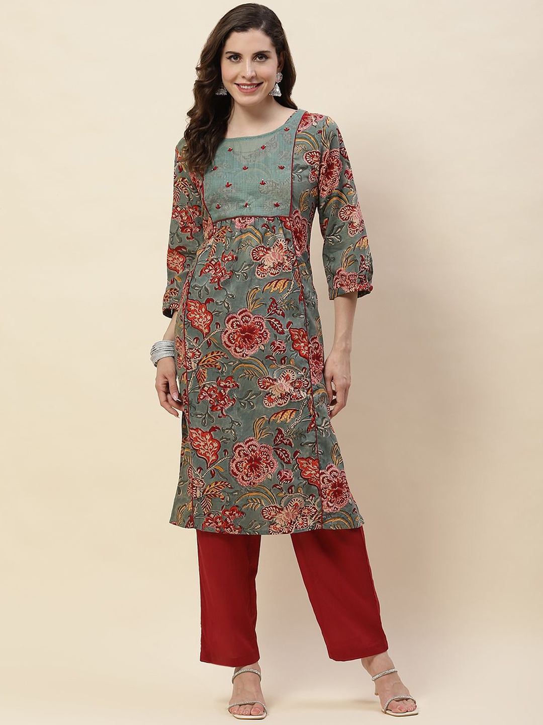 

Meena Bazaar Floral Printed Regular Straight Kurta with Trousers, Green