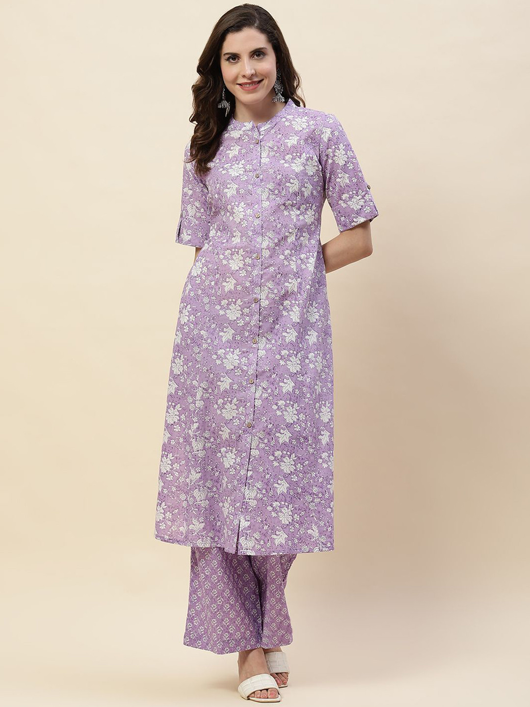 

Meena Bazaar Floral Printed Band Collar Straight Kurta With Palazzo, Lavender