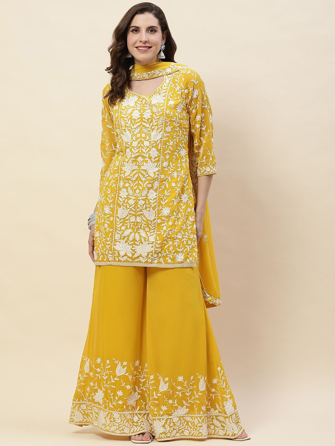 

Meena Bazaar Floral Embroidered Regular Thread Work Straight Kurti with Sharara & Dupatta, Yellow
