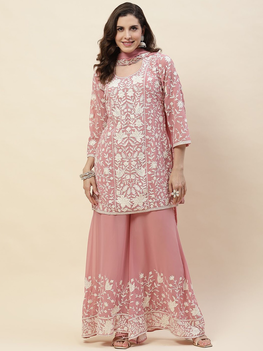 

Meena Bazaar Floral Embroidered Regular Thread Work Kurti with Sharara & Dupatta, Pink