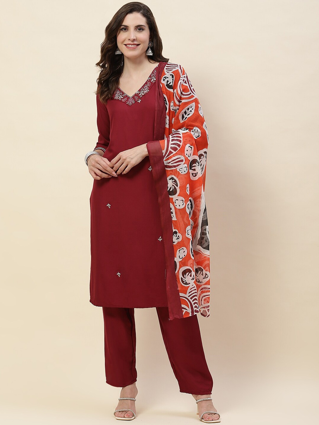 

Meena Bazaar Ethnic Motifs Embroidered V-Neck Straight Kurta with Trousers & Dupatta, Maroon