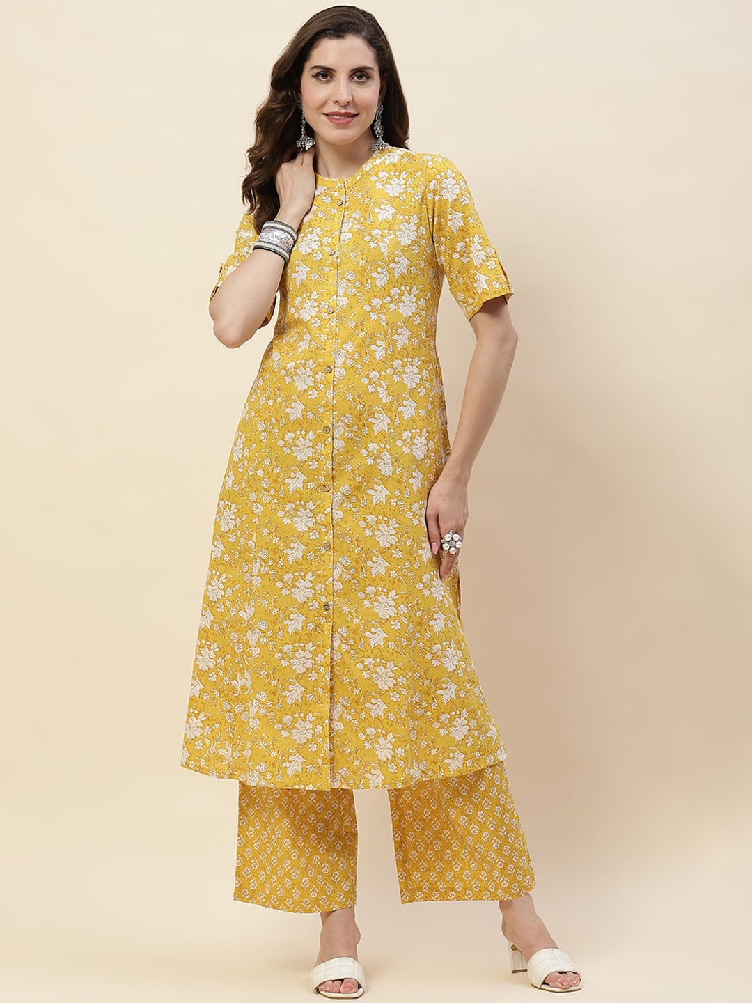 

Meena Bazaar Ethnic Motifs Printed Band Collar A-Line Kurta With Palazzo, Mustard
