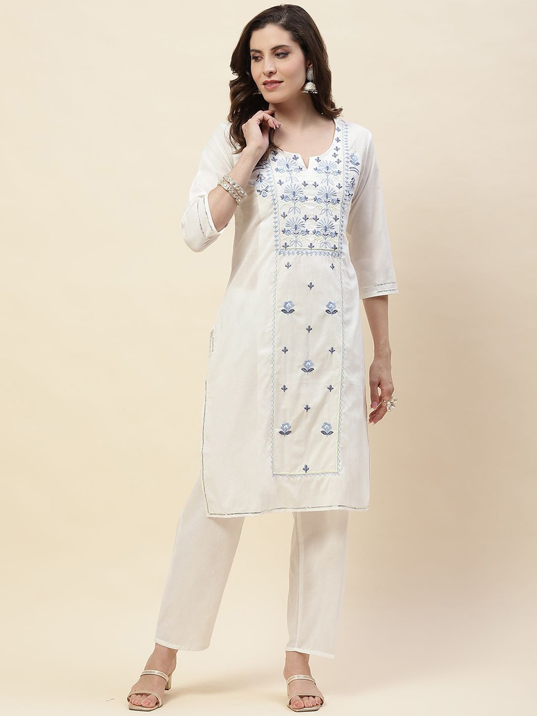 

Meena Bazaar Floral Embroidered Regular Thread Work Cotton Kurta with Trousers, White