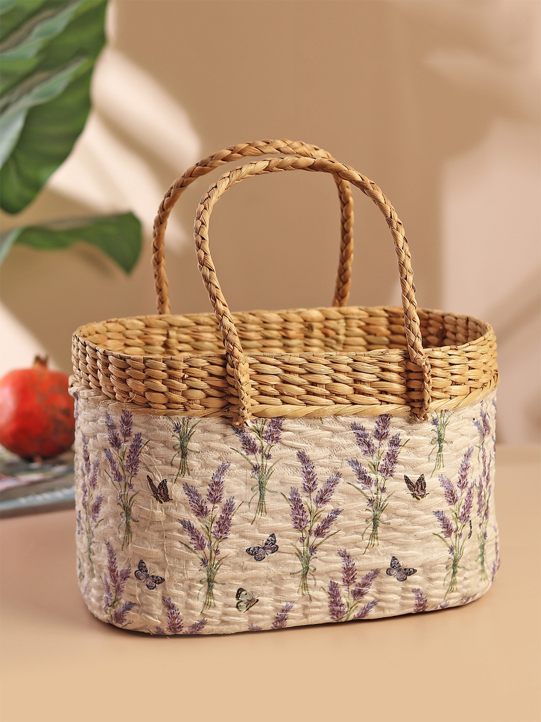 

HABERE INDIA Floral Print Bamboo Oval Vegetable Basket, White