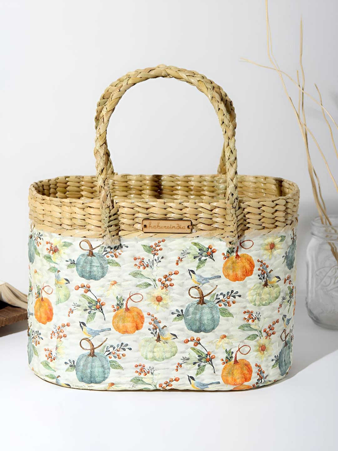 

HABERE INDIA White & Beige Printed Fruit and Vegetable Basket
