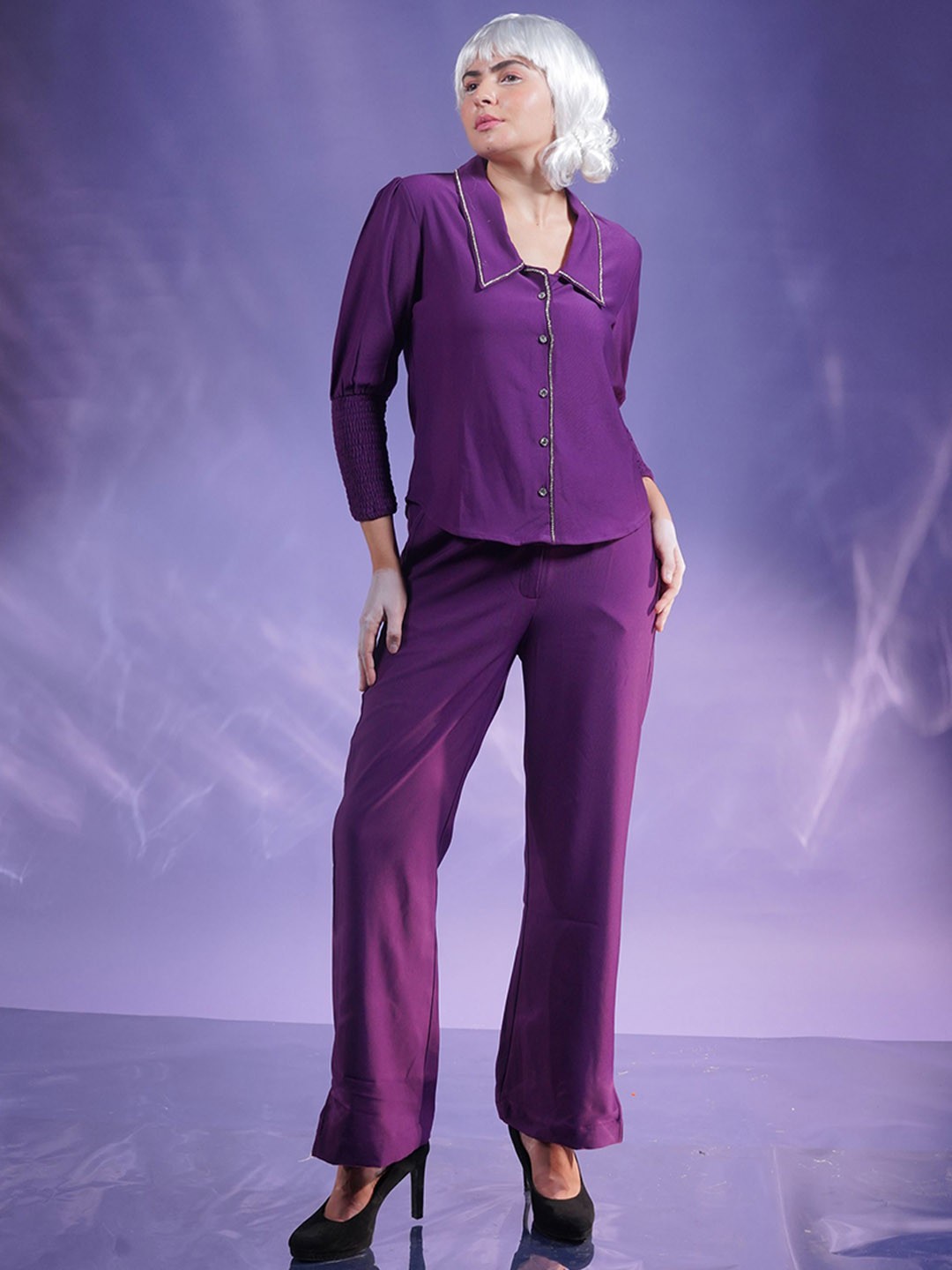 

brown sugar Embellished Puff Sleeves Shirt With Straight Trouser Co-Ords, Violet