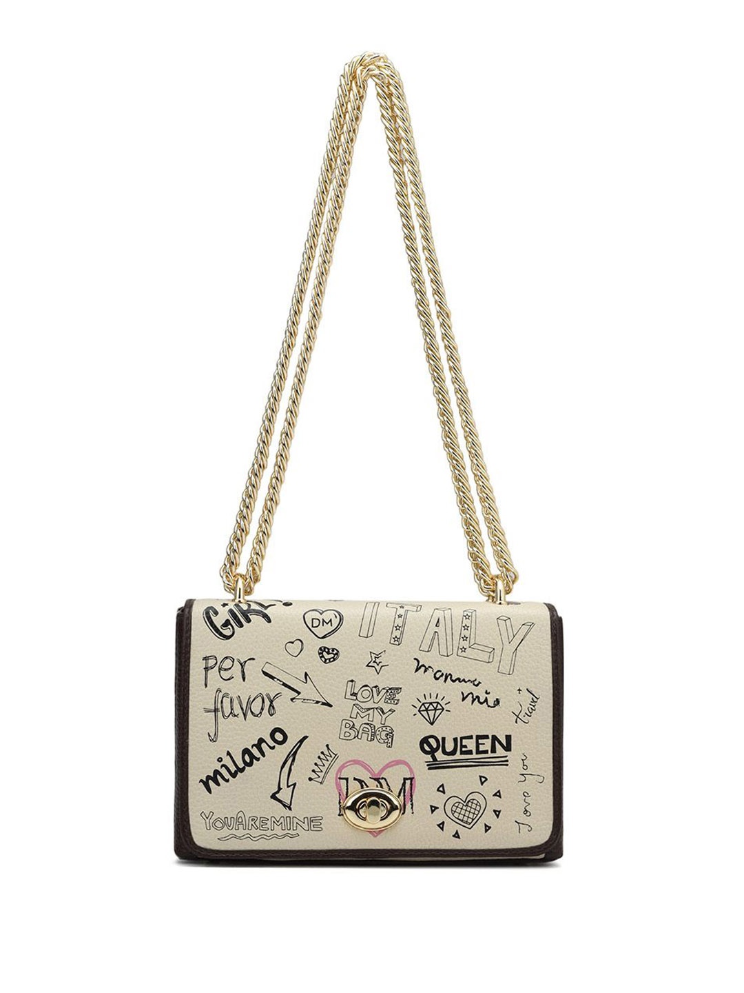 

Da Milano Typography Printed Leather Structured Sling Bag, White