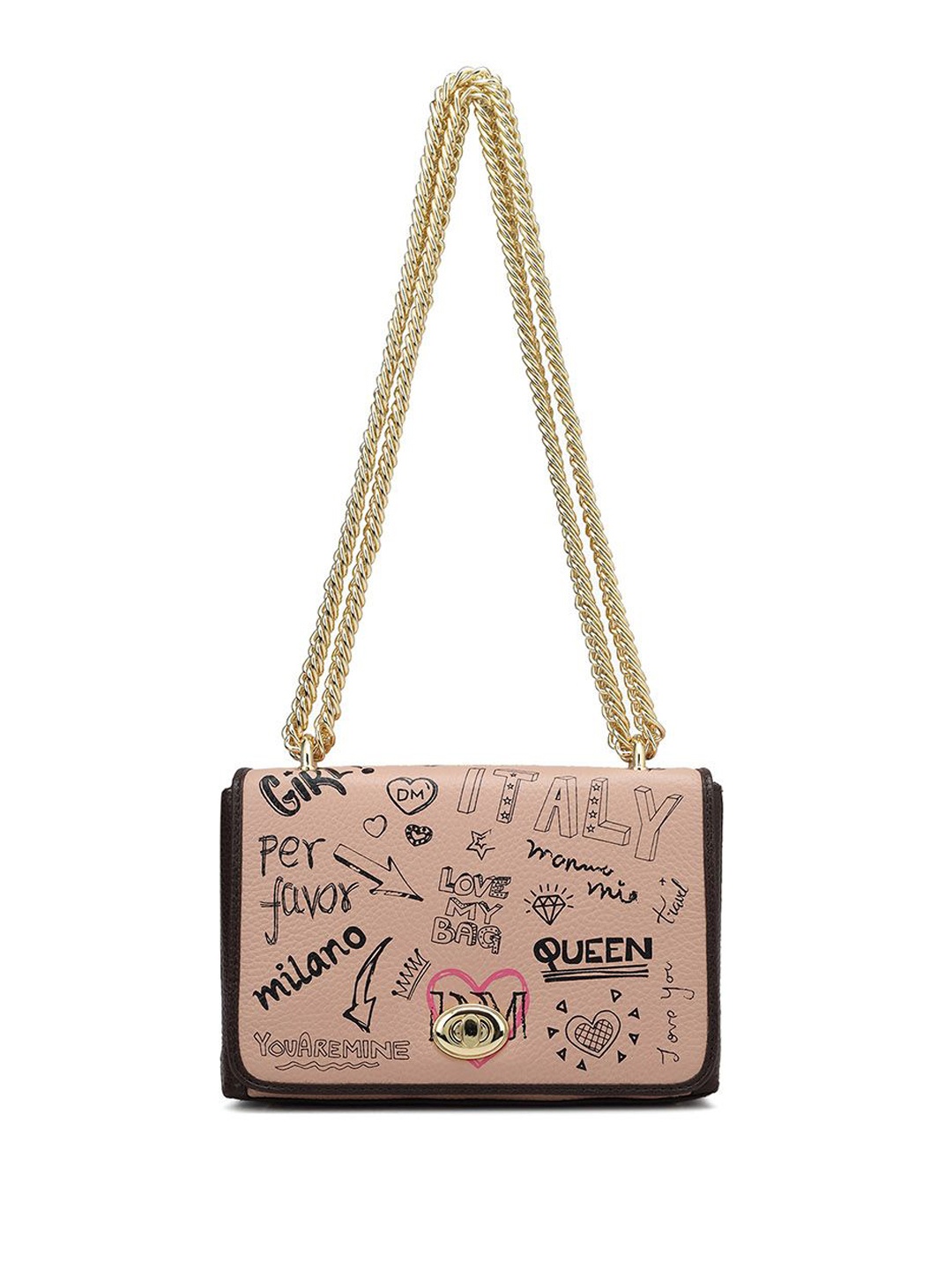 

Da Milano Typography Printed Leather Structured Sling Bag, Pink