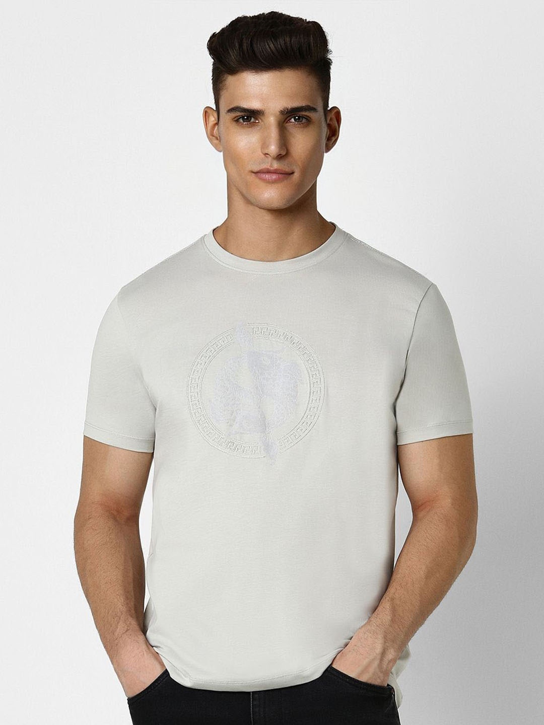 

VAN HEUSEN DENIM LABS Graphic Embroidered Crew Neck Casual T-shirt, Grey