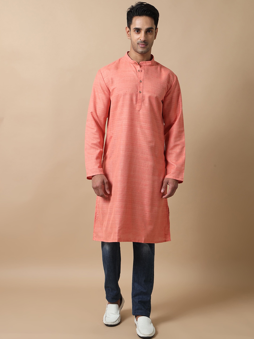 

FILORI Mandarin Collar Long Kurta, Peach