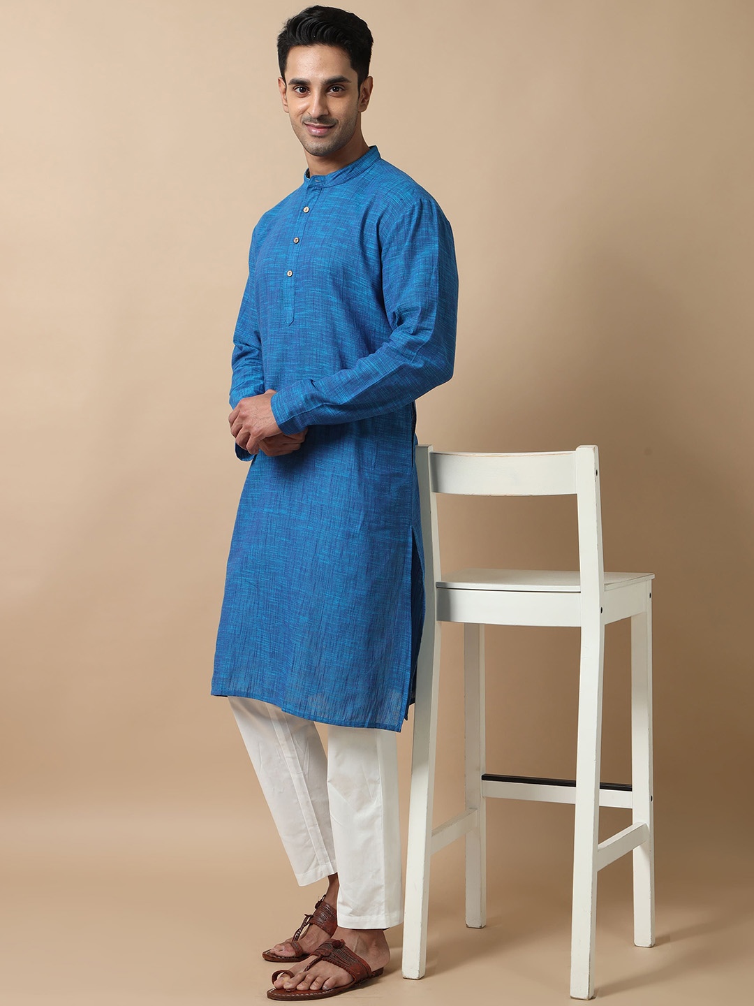 

FILORI Mandarin Collar Pure Cotton Straight Kurta, Blue