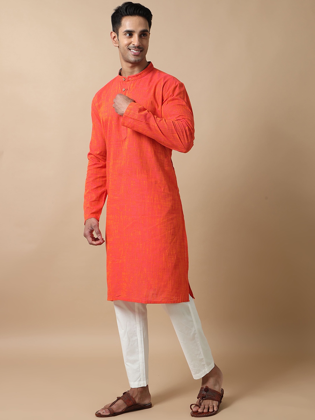 

FILORI Mandarin Collar Pure Cotton Straight Kurta, Orange