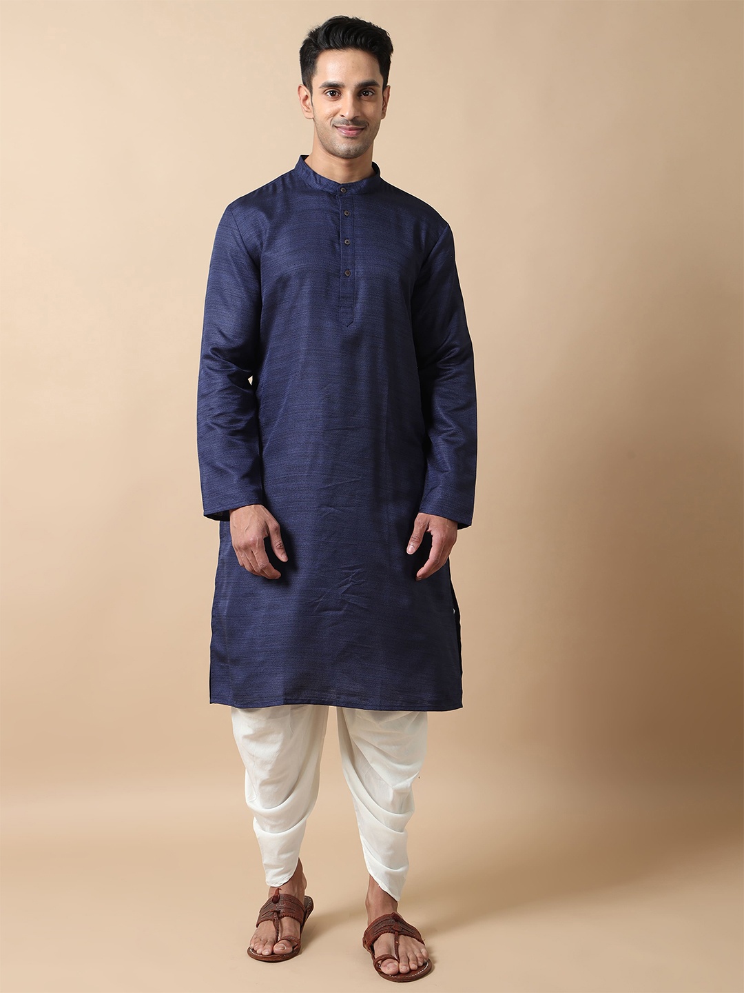 

FILORI Self Textured Art Silk Straight Kurta, Navy blue