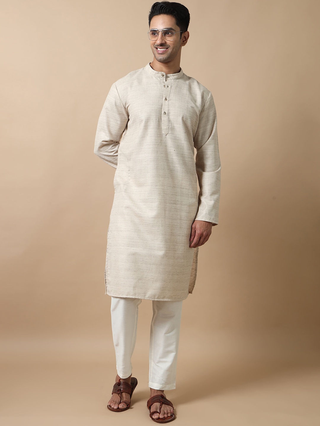

FILORI Mandarin Collar Art Silk Straight Kurta, Grey