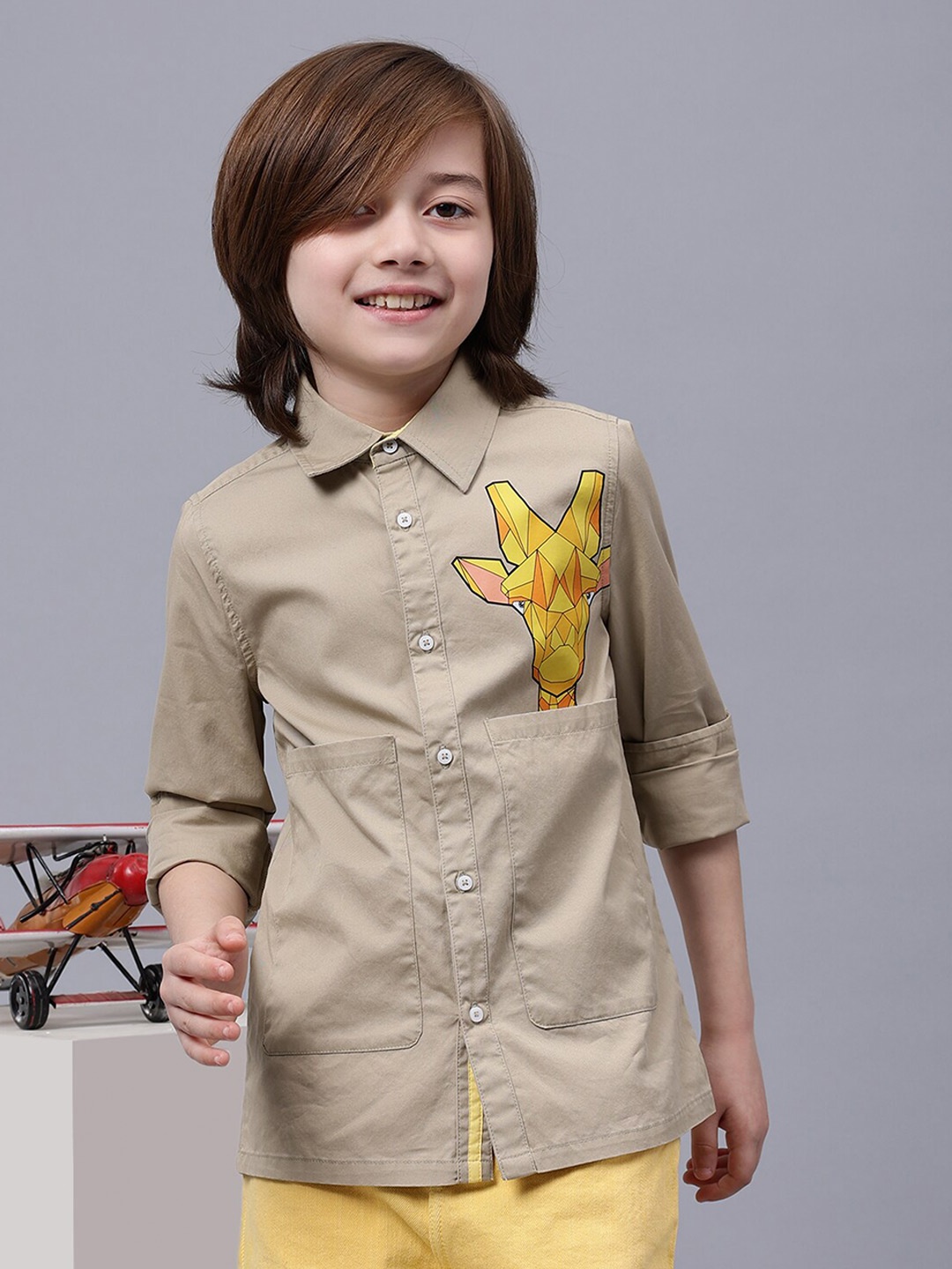 

One Friday Boys Comfort Spread Collar Cotton Shirt, Beige