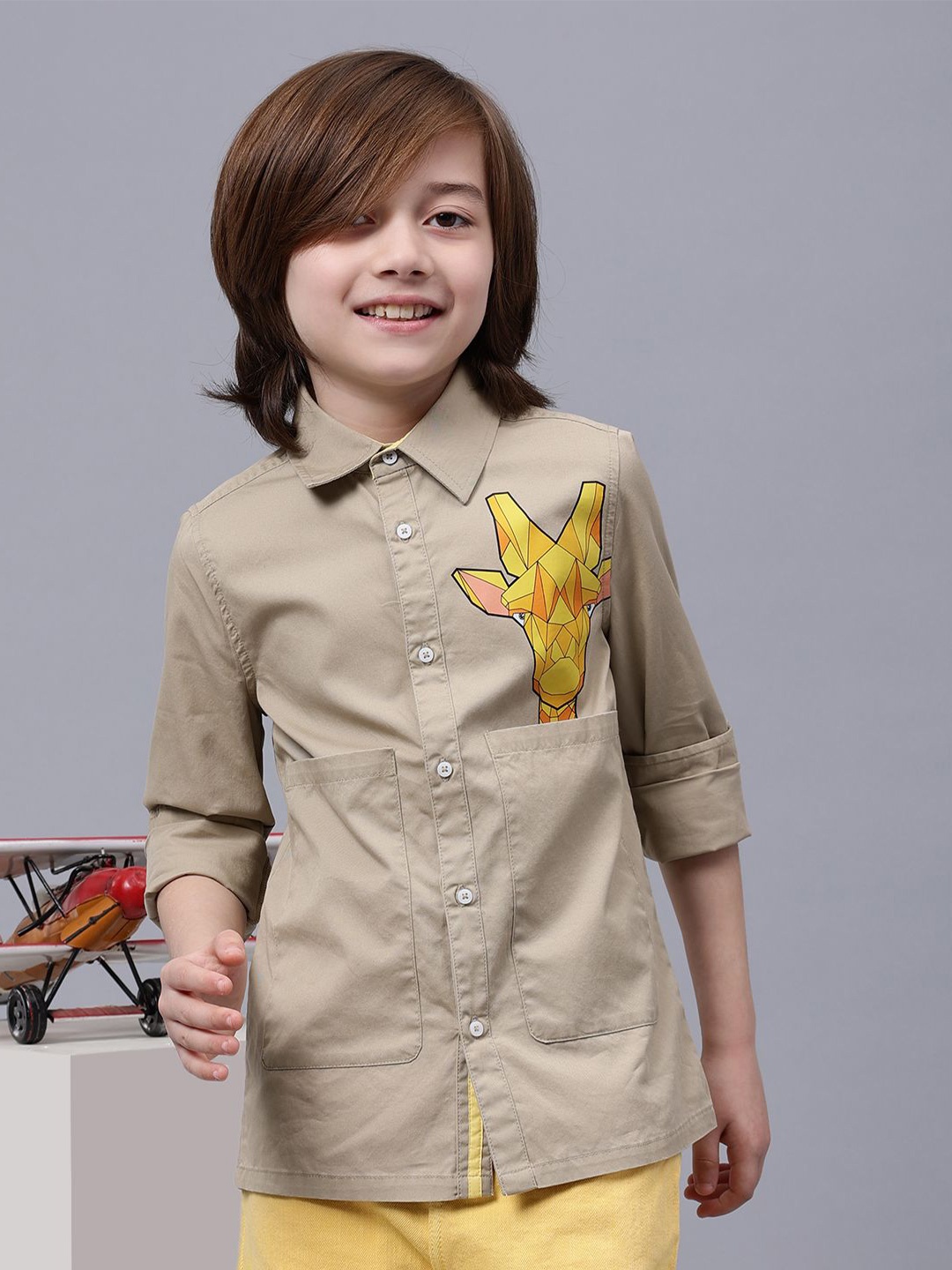 

One Friday Boys Comfort Graphic Printed Pure Cotton Casual Shirt, Beige