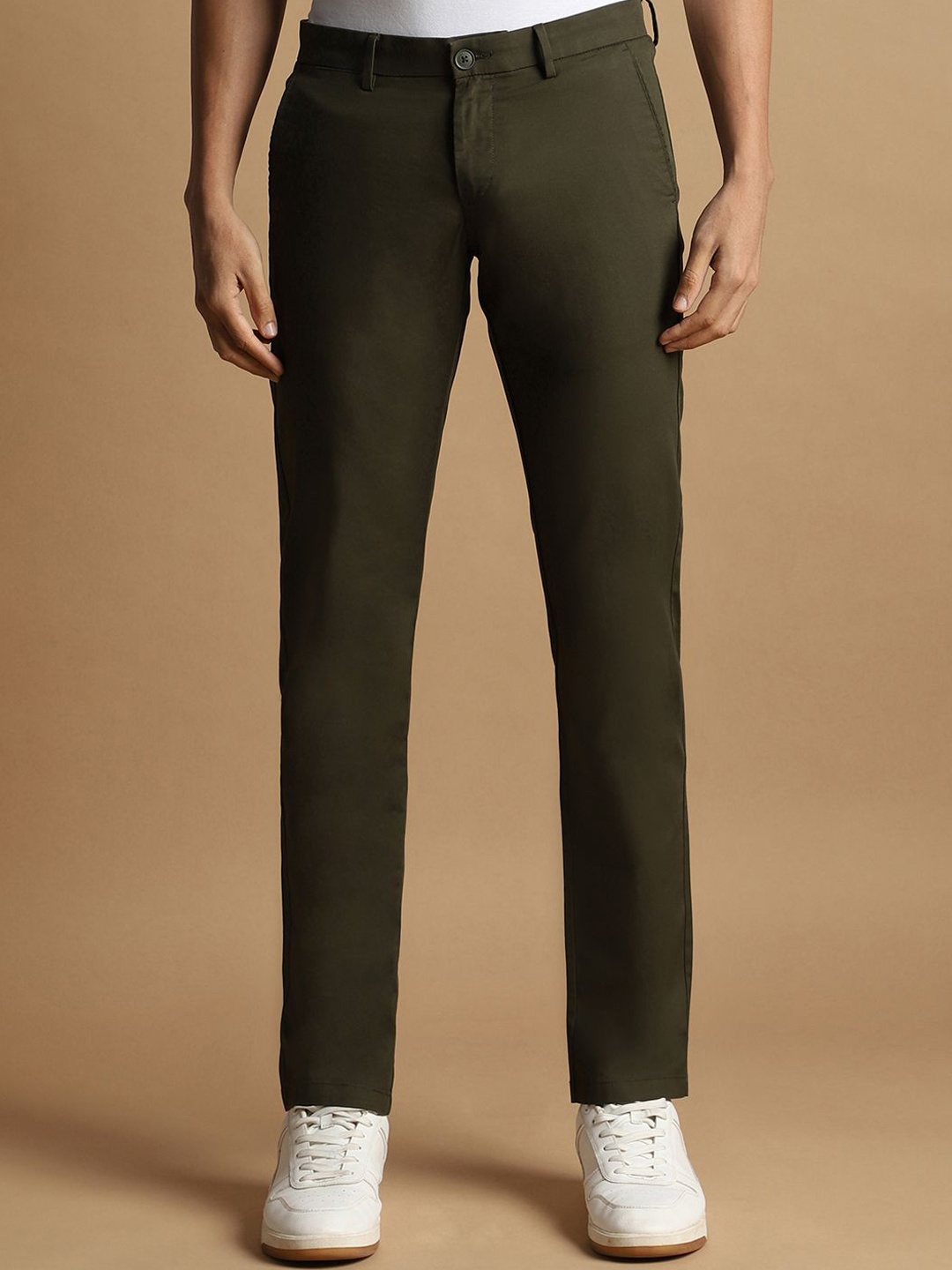 

Allen Solly Men Slim Fit Mid-Rise Plain Trousers, Olive