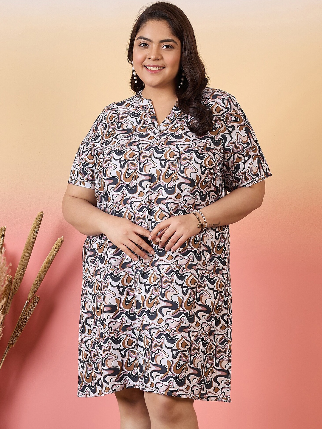 

Sztori Mandarin Collar Short Sleeves Floral Print Crepe A-Line Plus Size Dress, Blue