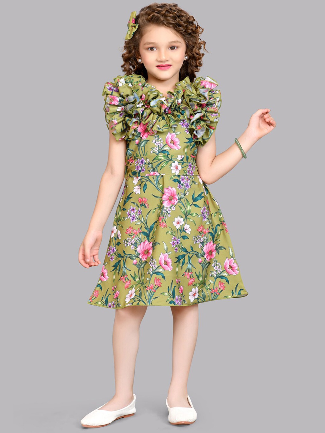 

Pink Chick Girls Round Neck Floral Print Flutter Sleeves Ruffled A-Line Dress, Olive