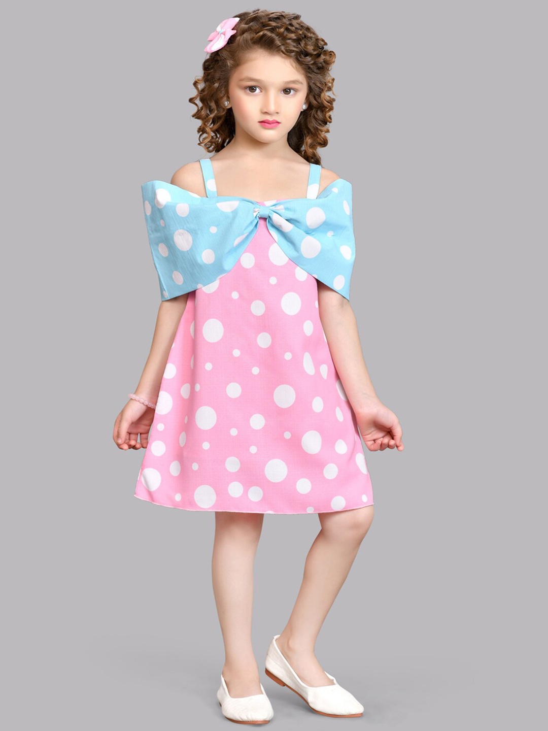 

Pink Chick Girls Shoulder Straps Polka Dot Print Cotton A-Line Dress