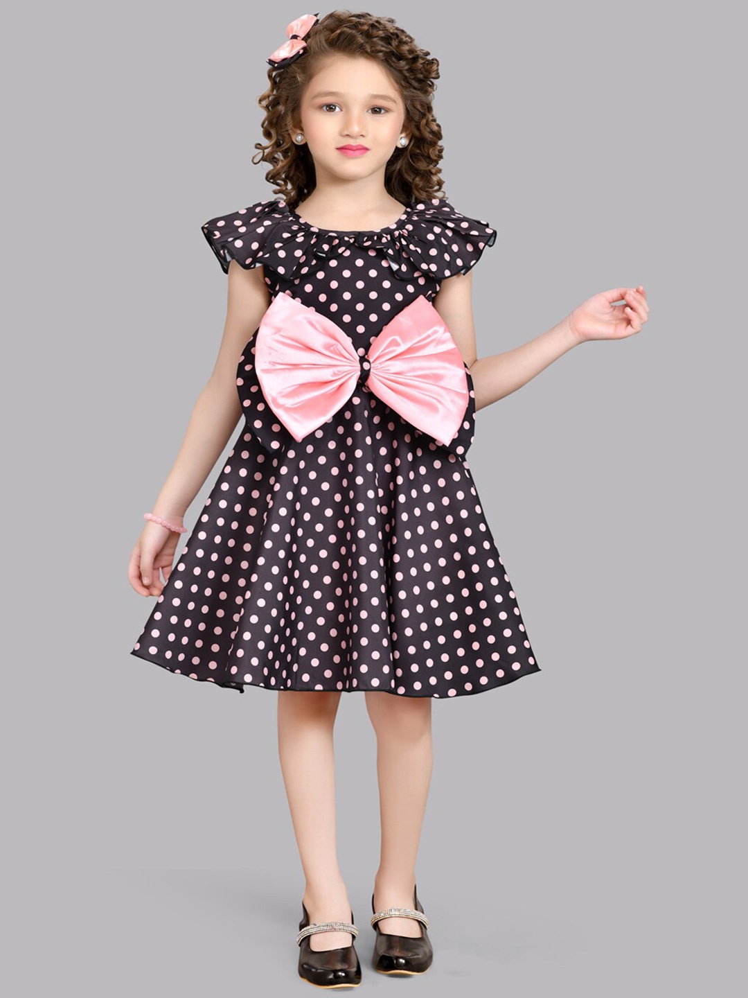 

Pink Chick Girls Polka Dot Print Flutter Sleeve Fit & Flare Dress, Black