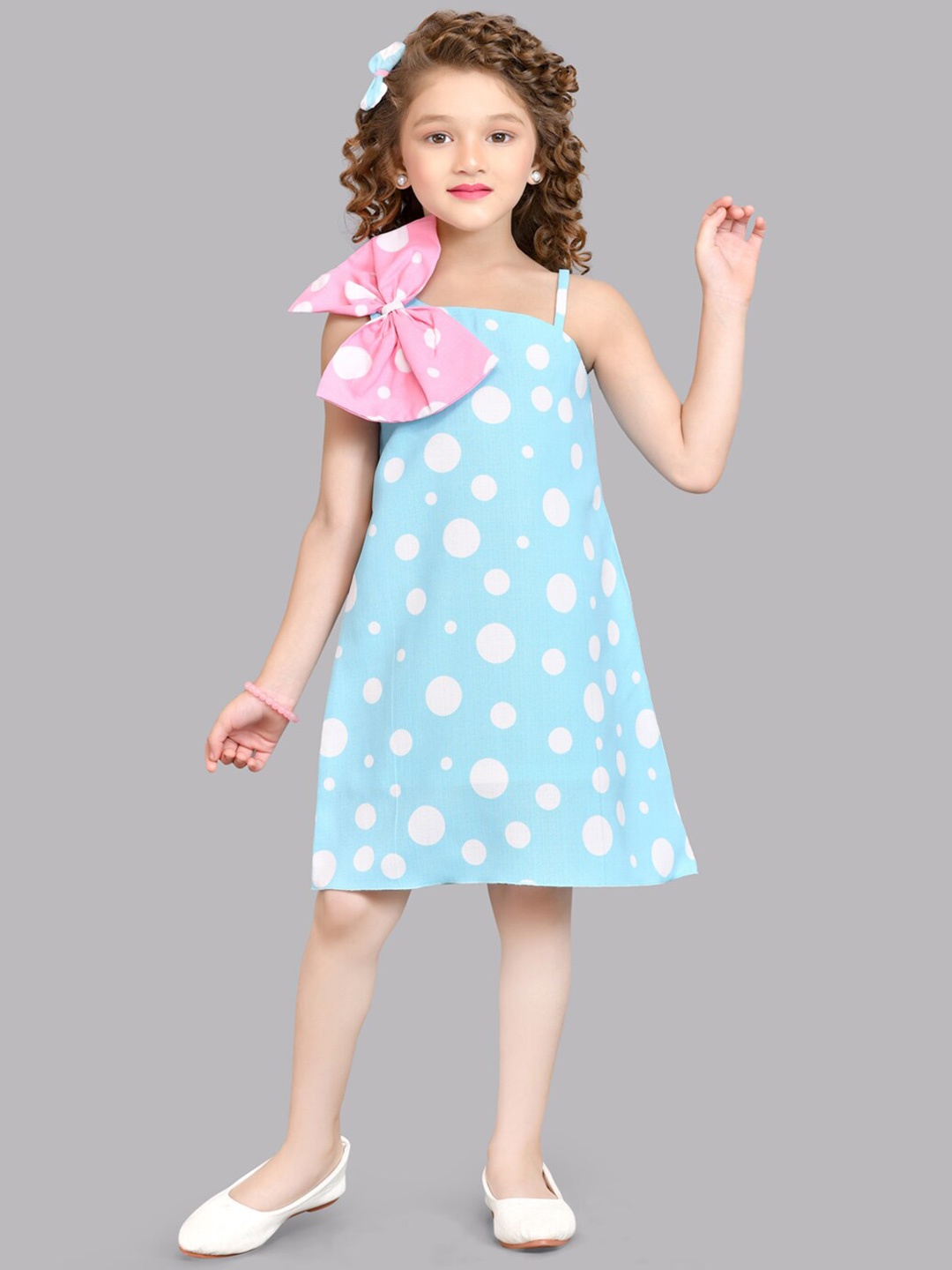 

Pink Chick Shoulder Straps Polka Dot Printed Cotton A-Line Dress, Blue