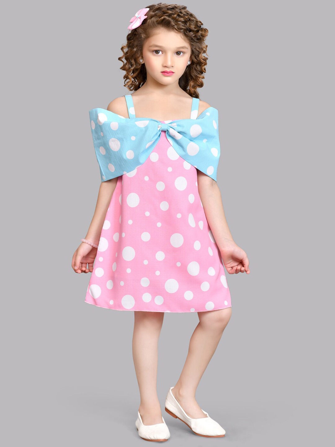 

Pink Chick Shoulder Straps Polka Dot Printed Cotton A-Line Dress