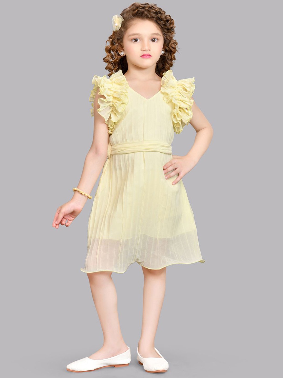 

Pink Chick Striped V-Neck Accordion Pleats Ruffled Georgette A-Line Dress, Yellow