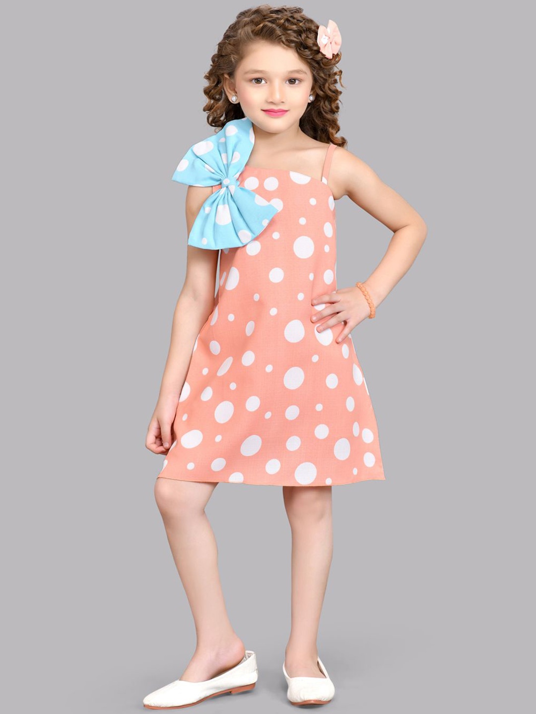 

Pink Chick Girls Polka Dots Printed Shoulder Straps A-Line Dress, Peach