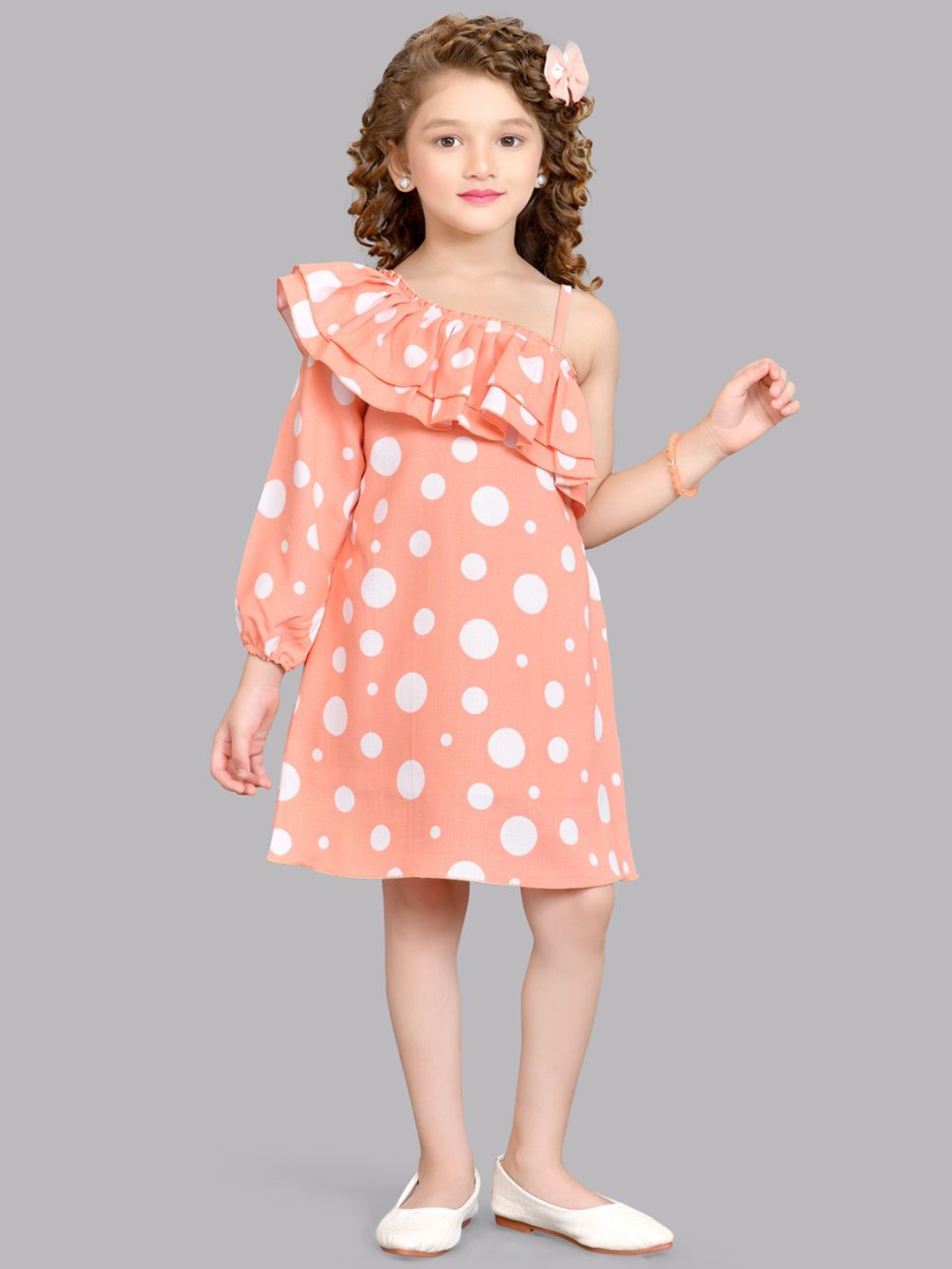 

Pink Chick Girls Polka Dot Printed One Shoulder Cotton A-Line Dress With Matching Clip, Peach