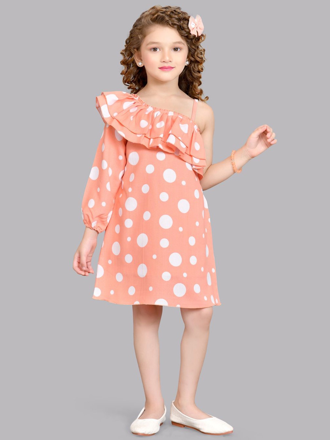 

Pink Chick Girls Polka Dots Print One Shoulder Puff Sleeves Ruffled Cotton A-Line Dress, Peach