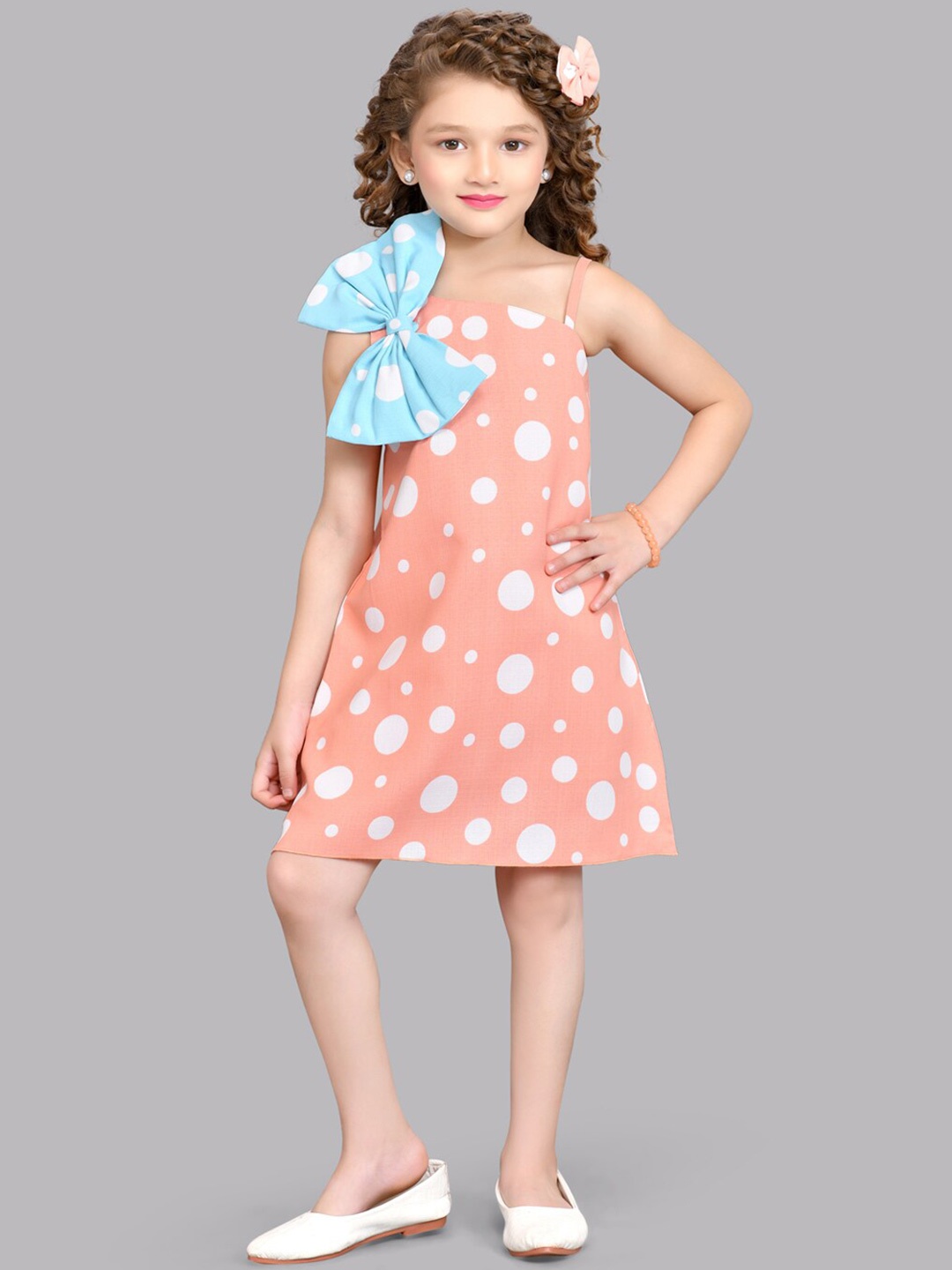 

Pink Chick Girls One Shoulder Polka Dot Print Cotton A-Line Dress, Peach