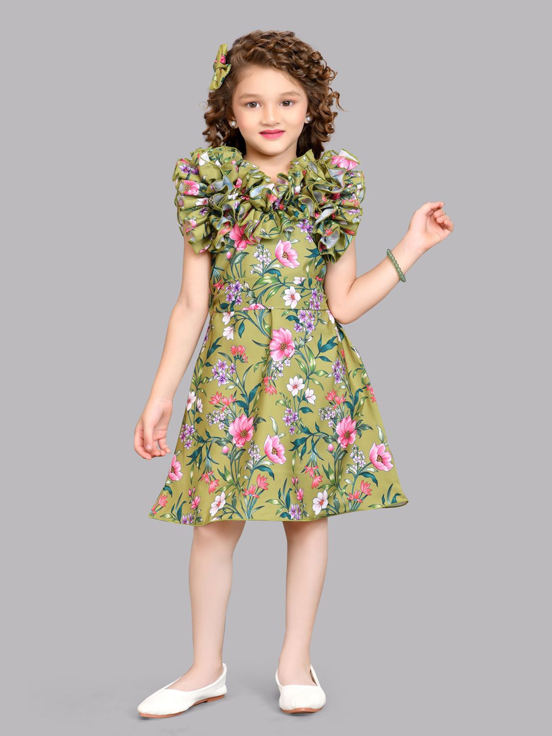 

Pink Chick Floral Printed Flutter Sleeve Ruffled A-Line Dress, Olive