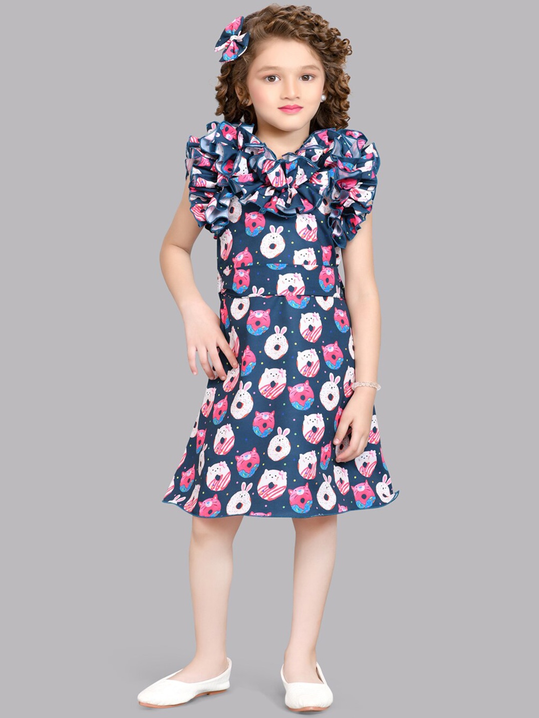 

Pink Chick Girls Polka Dot Print Round Neck Flutter Sleeve Ruffled A-Line Dress, Teal