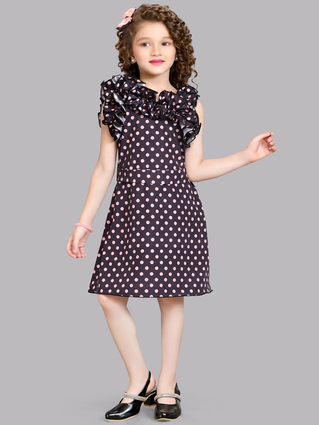 

Pink Chick Girls Polka Dot Printed Flutter Sleeve Ruffled Fit & Flare Dress, Black