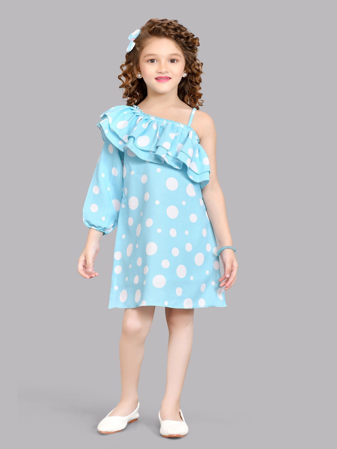 

Pink Chick Girls One Shoulder Polka Dot Printed Puff Sleeve Ruffled Cotton A-Line Dress, Blue