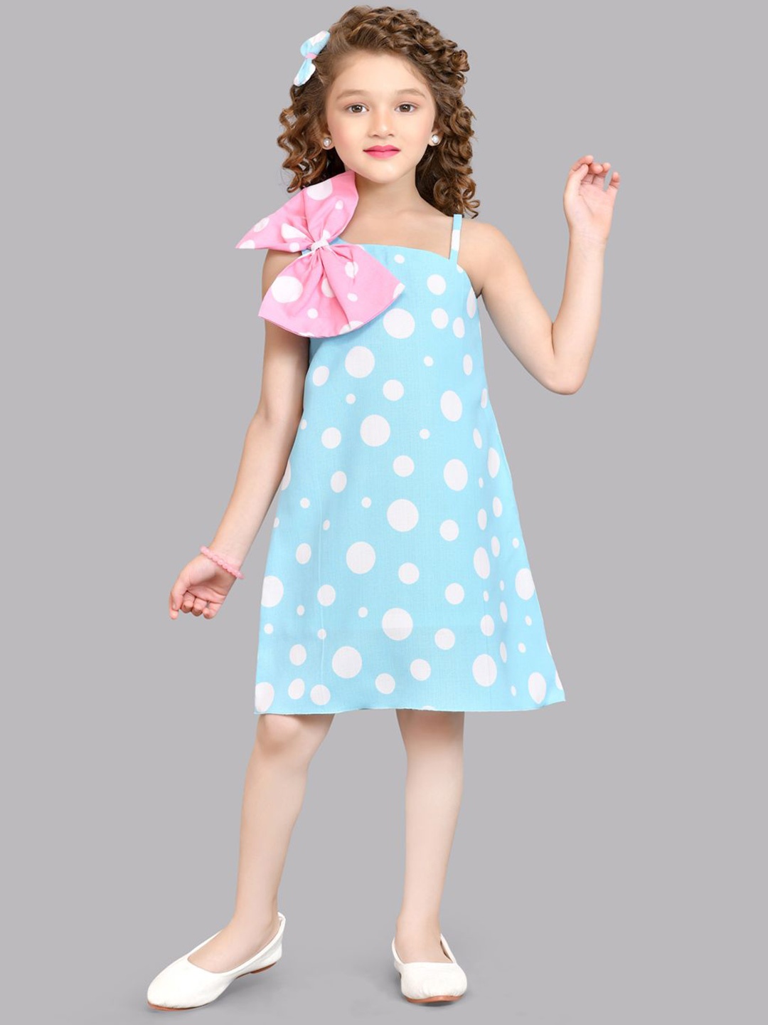 

Pink Chick Girls Polka Dot Print One Shoulder Bow Detail Cotton A-Line Dress, Blue