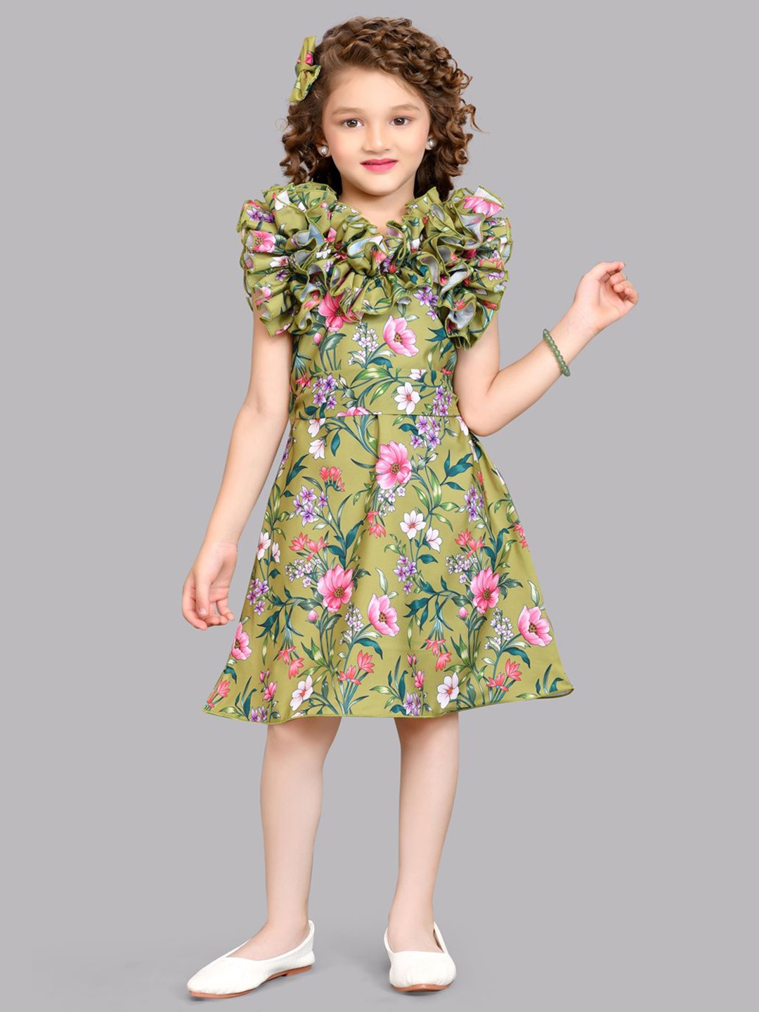 

Pink Chick Girls Round Neck Floral Print Flutter Sleeves Ruffled A-Line Dress, Olive