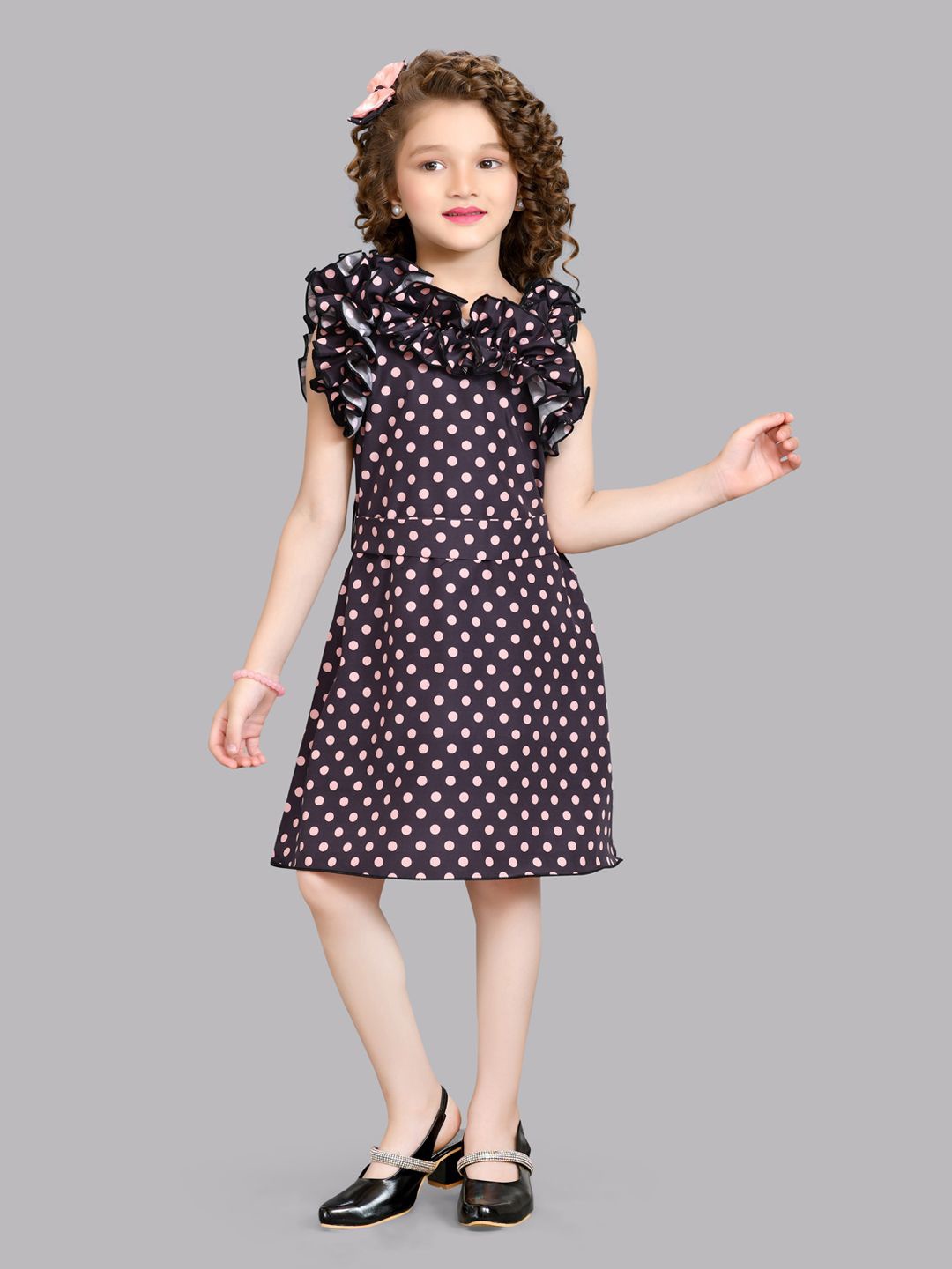 

Pink Chick Polka Dot Printed Flutter Sleeve Ruffled Fit & Flare Dress, Black