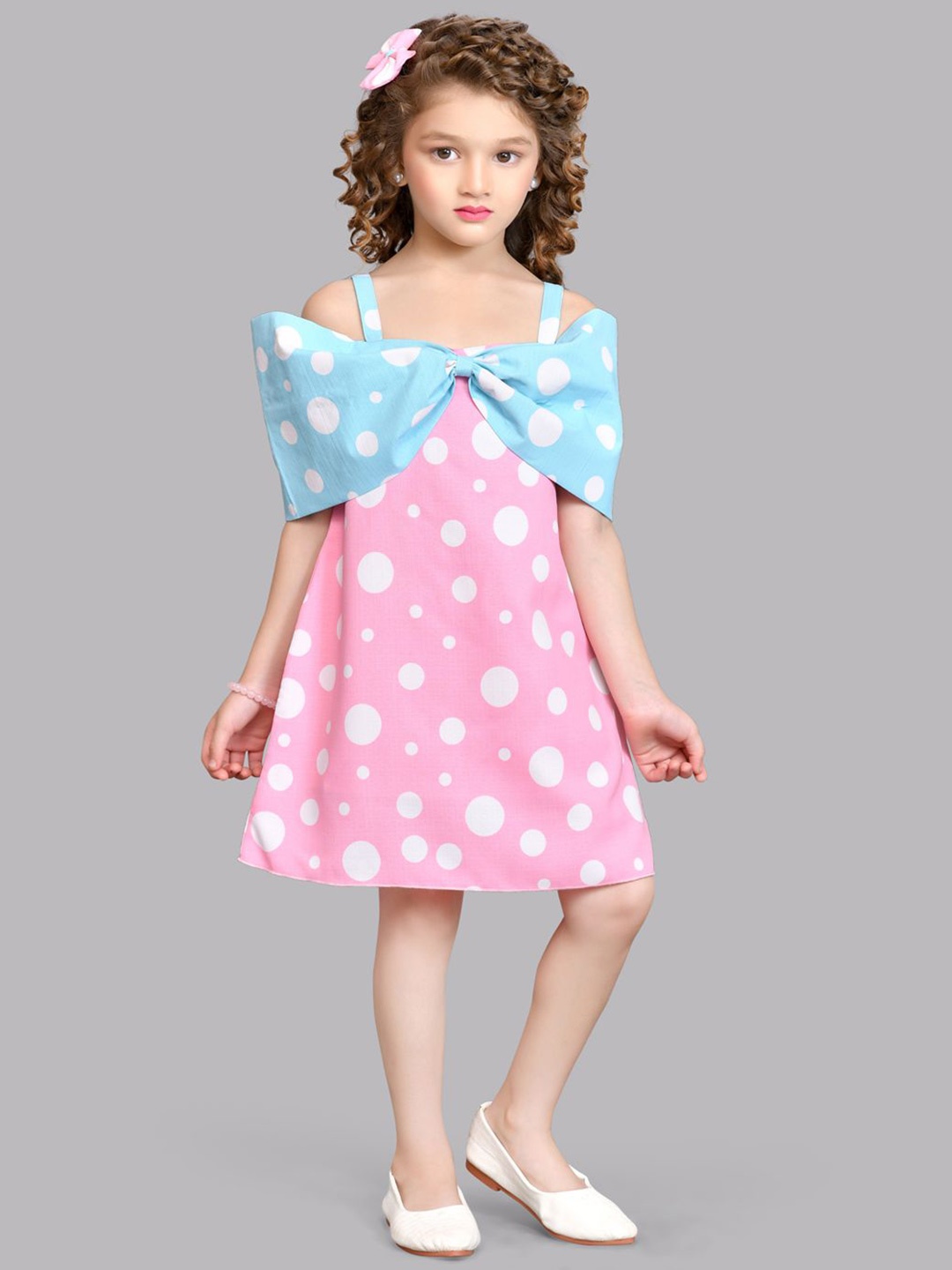 

Pink Chick Girls Polka Dot Printed Shoulder Straps Cotton A-Line Dress