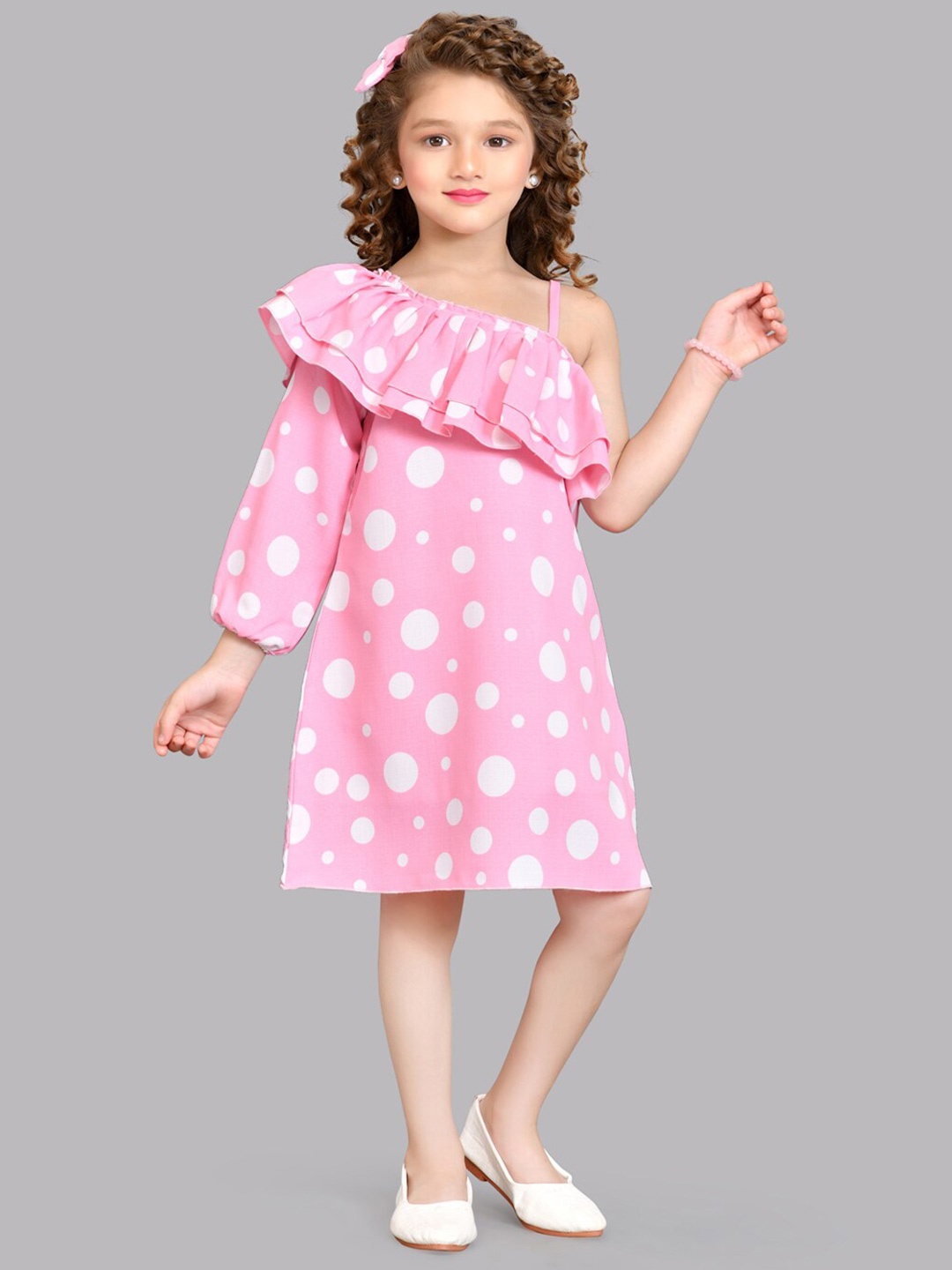 

Pink Chick Girls Polka Dots Printed One Shoulder Puff Sleeves Ruffled Cotton A-Line Dress