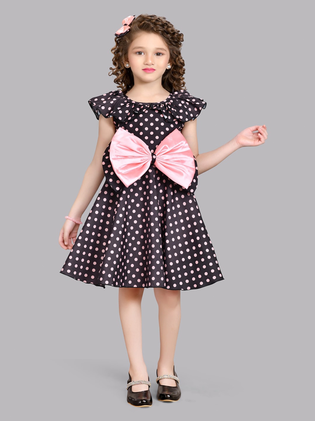 

Pink Chick Polka Dot Printed Ruffled Fit & Flare Dress, Black